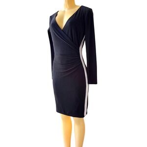 Chaps Black Faux Wrap Dress Small  Long Sleeve Bodycon‎ White Side Stripe